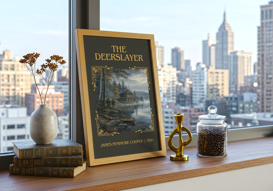 The Deerslayer Classic Book Art Print by James Fenimore Cooper – framed print on a city-view windowsill