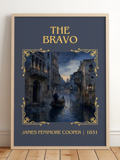 The Bravo Classic Book Art Print by James Fenimore Cooper – framed print leaning on a wooden floor