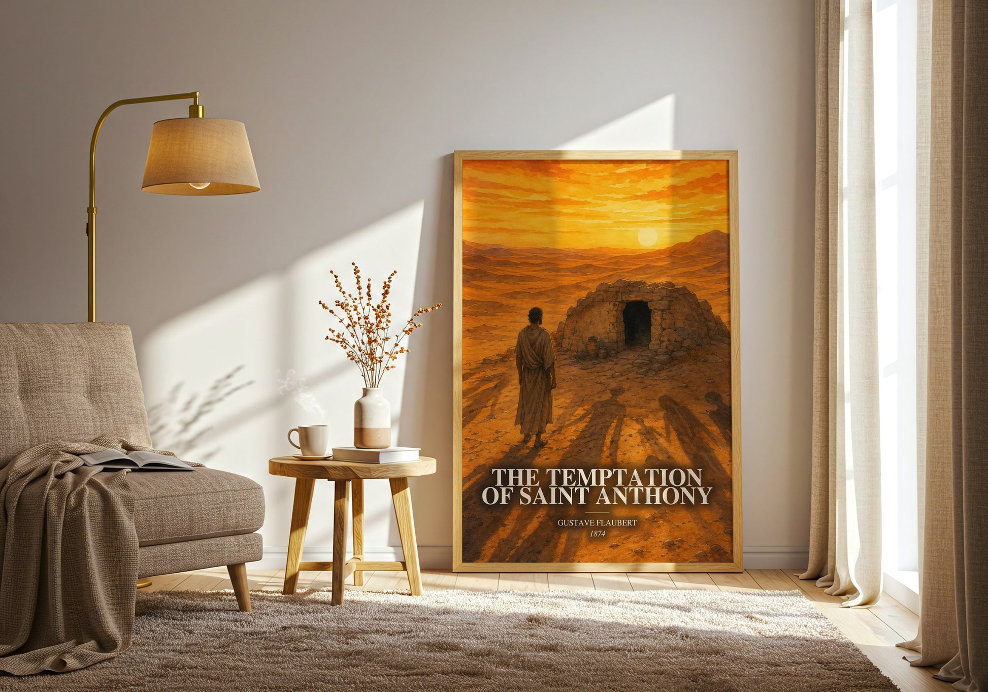 The Temptation Of Saint Anthony watercolour print in frame leaning in hallway – literary fiction wall art
