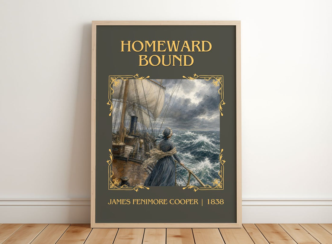 Homeward Bound Classic Book Art Print by James Fenimore Cooper – framed print leaning on a wooden floor