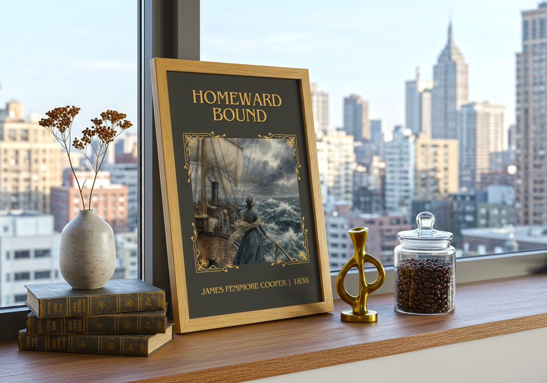 Homeward Bound Classic Book Art Print by James Fenimore Cooper – framed print on a city-view windowsill