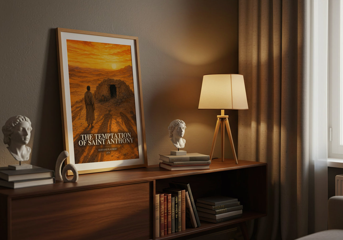The Temptation Of Saint Anthony watercolour print on bookshelf – Gustave Flaubert fan gift