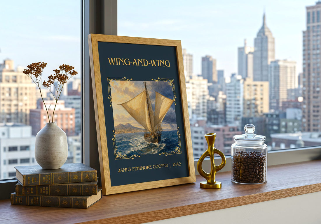 Wing-And-Wing Classic Book Art Print by James Fenimore Cooper – framed print on a city-view windowsill