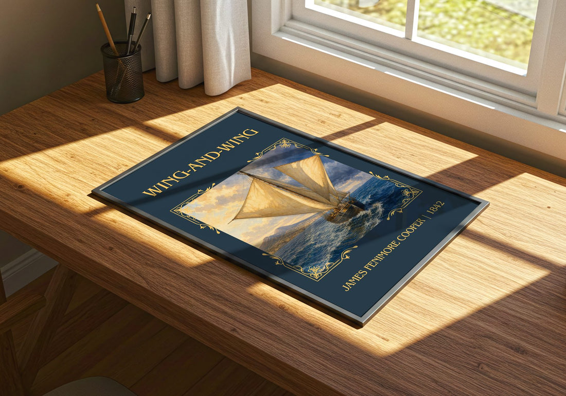 Wing-And-Wing Classic Book Art Print by James Fenimore Cooper – print on a sunlit desk