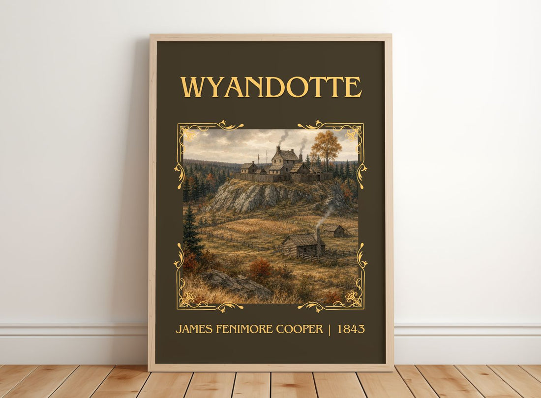 Wyandotté Classic Book Art Print by James Fenimore Cooper – framed print leaning on a wooden floor