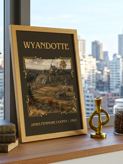 Wyandotté Classic Book Art Print by James Fenimore Cooper – framed print on a city-view windowsill
