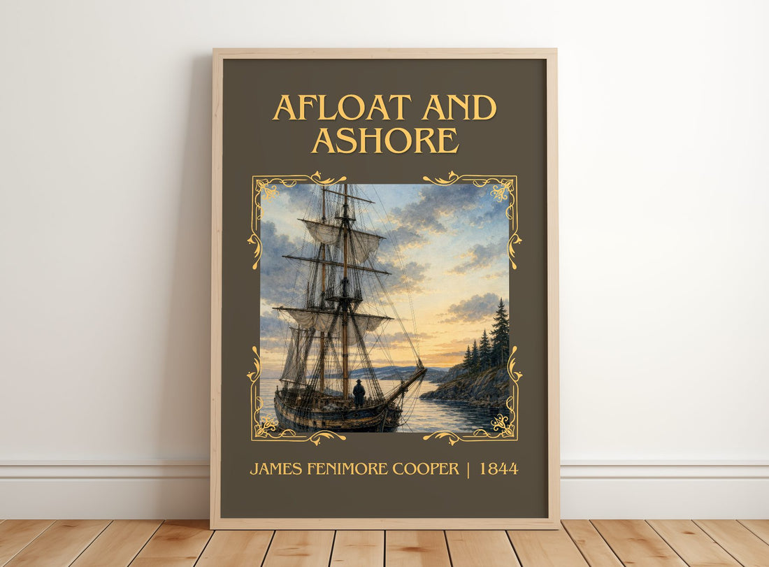 Afloat And Ashore Classic Book Art Print by James Fenimore Cooper – framed print leaning on a wooden floor