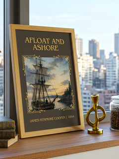 Afloat And Ashore Classic Book Art Print by James Fenimore Cooper – framed print on a city-view windowsill