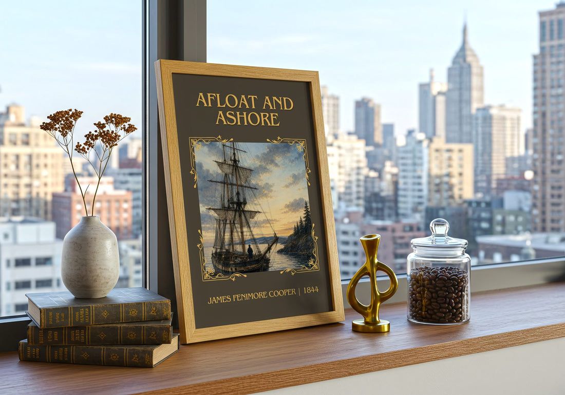 Afloat And Ashore Classic Book Art Print by James Fenimore Cooper – framed print on a city-view windowsill