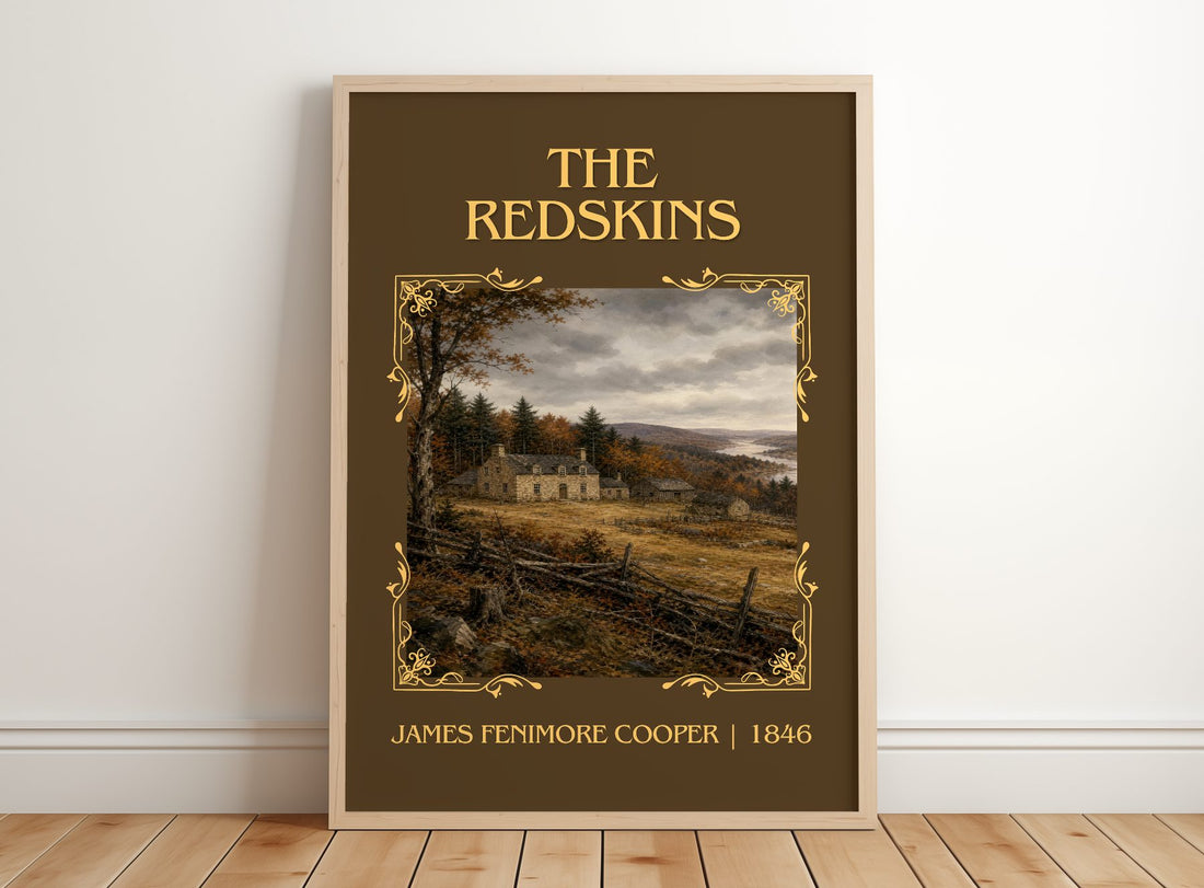 The Redskins Classic Book Art Print by James Fenimore Cooper – framed print leaning on a wooden floor