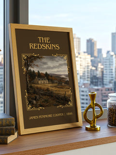 The Redskins Classic Book Art Print by James Fenimore Cooper – framed print on a city-view windowsill