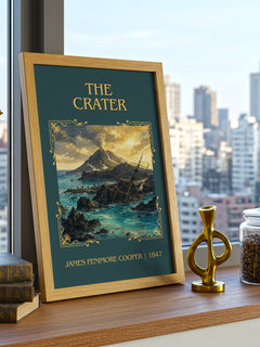 The Crater Classic Book Art Print by James Fenimore Cooper – framed print on a city-view windowsill