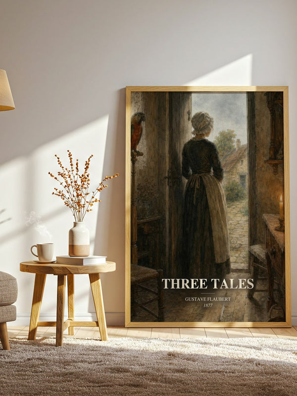 Three Tales watercolour print in frame leaning in hallway – classic literature wall art