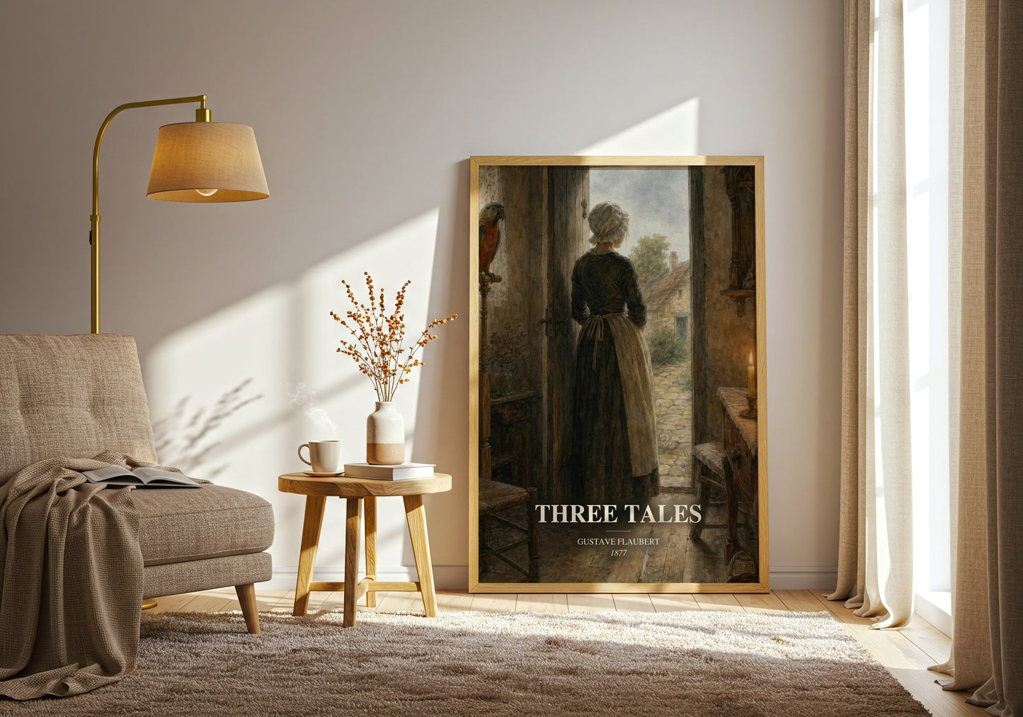 Three Tales watercolour print in frame leaning in hallway – classic literature wall art