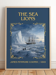 The Sea Lions Classic Book Art Print by James Fenimore Cooper – framed print leaning on a wooden floor