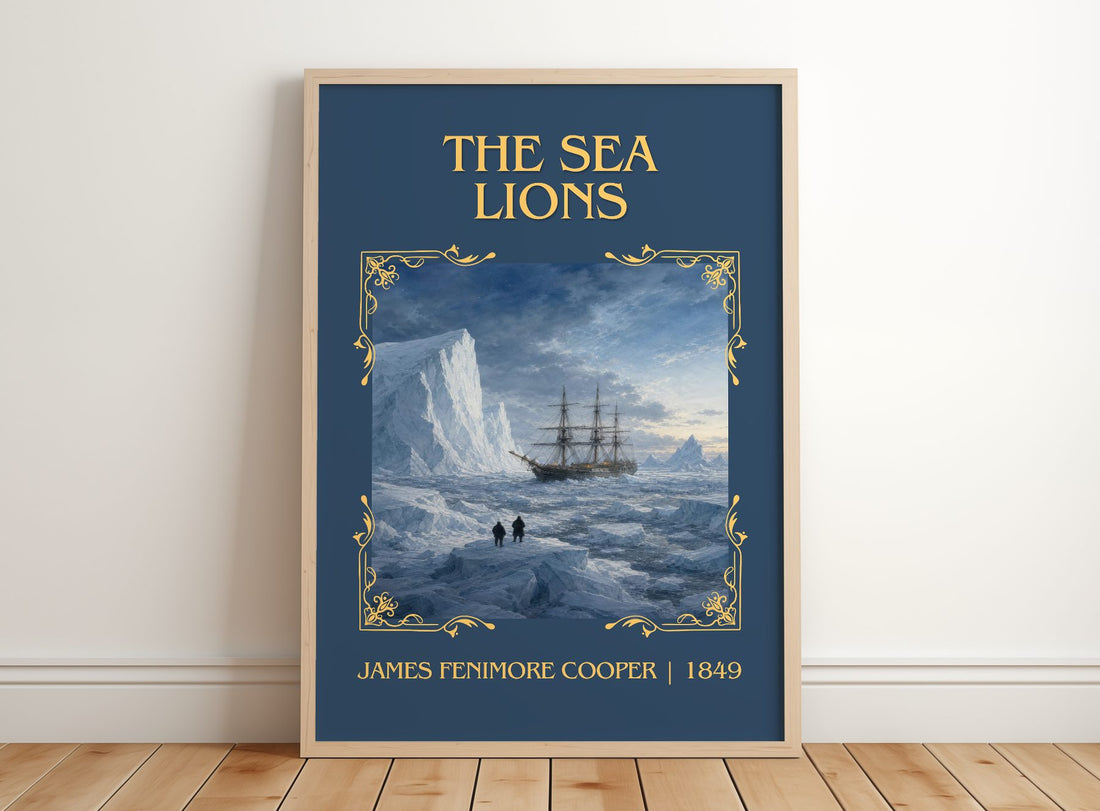 The Sea Lions Classic Book Art Print by James Fenimore Cooper – framed print leaning on a wooden floor