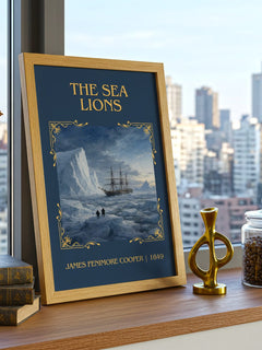 The Sea Lions Classic Book Art Print by James Fenimore Cooper – framed print on a city-view windowsill