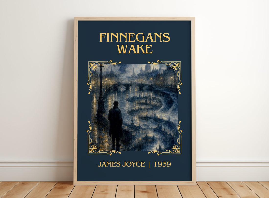 Finnegans Wake Classic Book Art Print by James Joyce – framed print leaning on a wooden floor