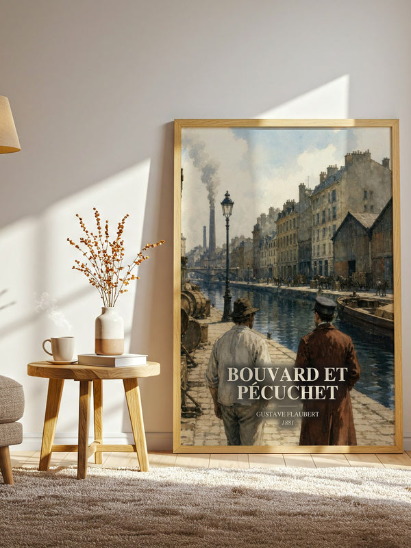 Bouvard Et Pécuchet watercolour print in frame leaning in hallway – classic literature wall art