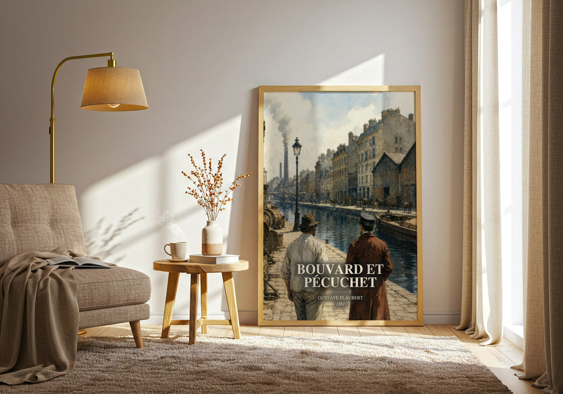 Bouvard Et Pécuchet watercolour print in frame leaning in hallway – classic literature wall art (mockup)