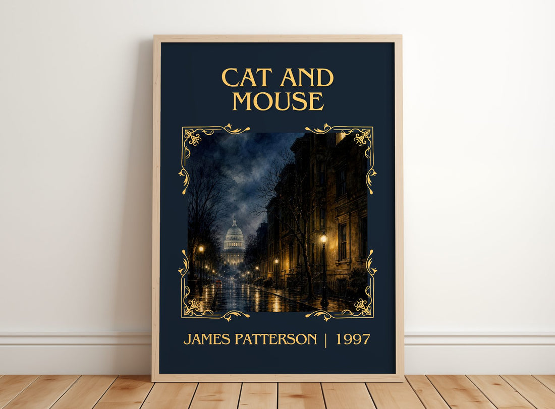 Cat And Mouse Classic Book Art Print by James Patterson – framed print leaning on a wooden floor