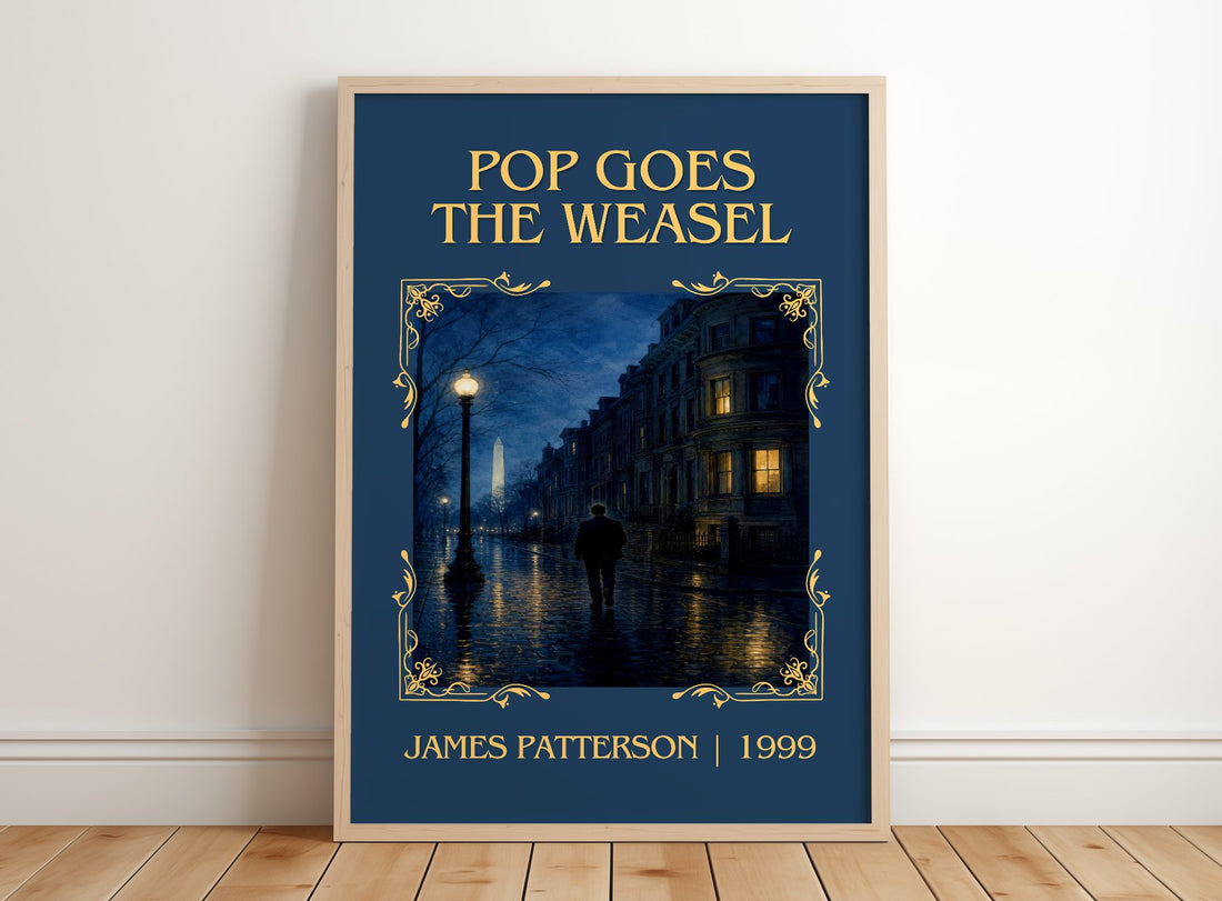 Pop Goes The Weasel Classic Book Art Print by James Patterson – framed print leaning on a wooden floor