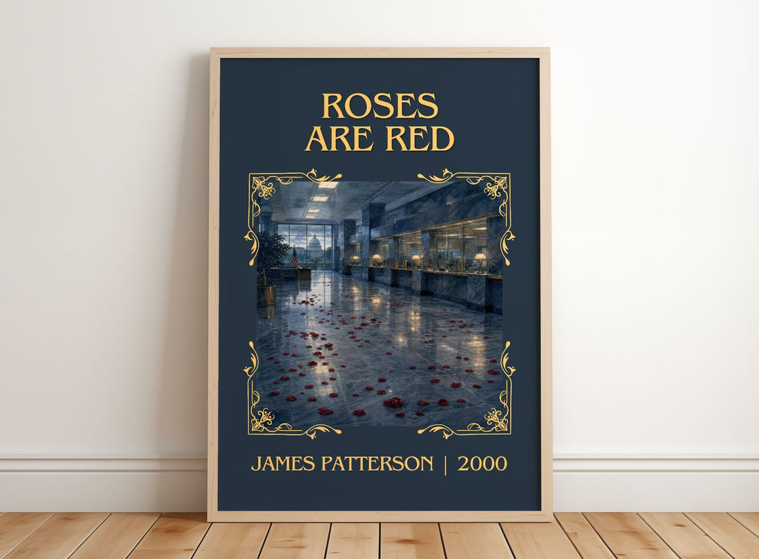 Roses Are Red Classic Book Art Print by James Patterson – framed print leaning on a wooden floor