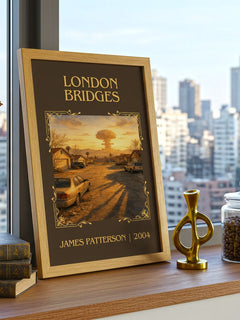 London Bridges Classic Book Art Print by James Patterson – framed print on a city-view windowsill