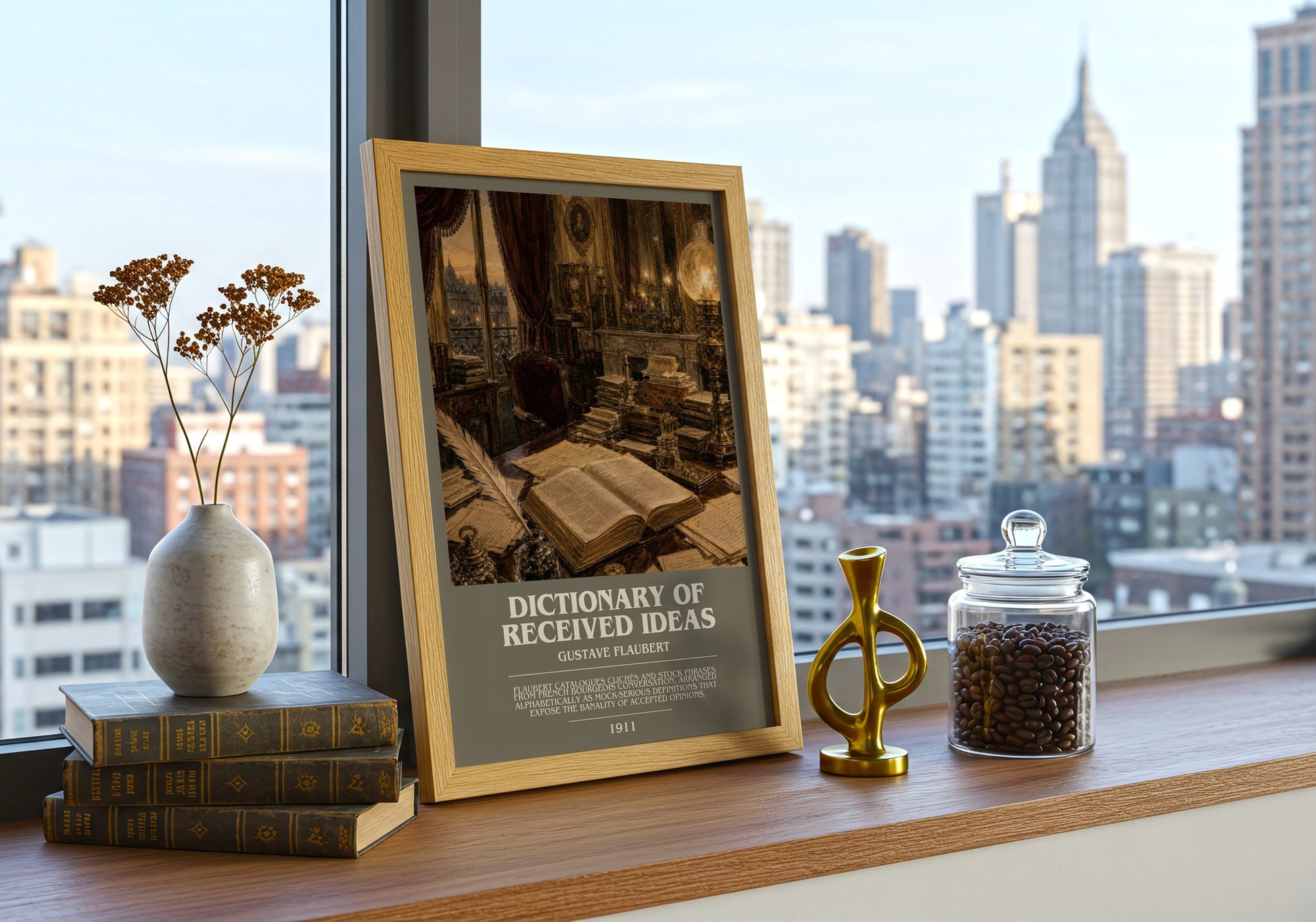 Dictionary Of Received Ideas bookish print framed by window – literary home decor