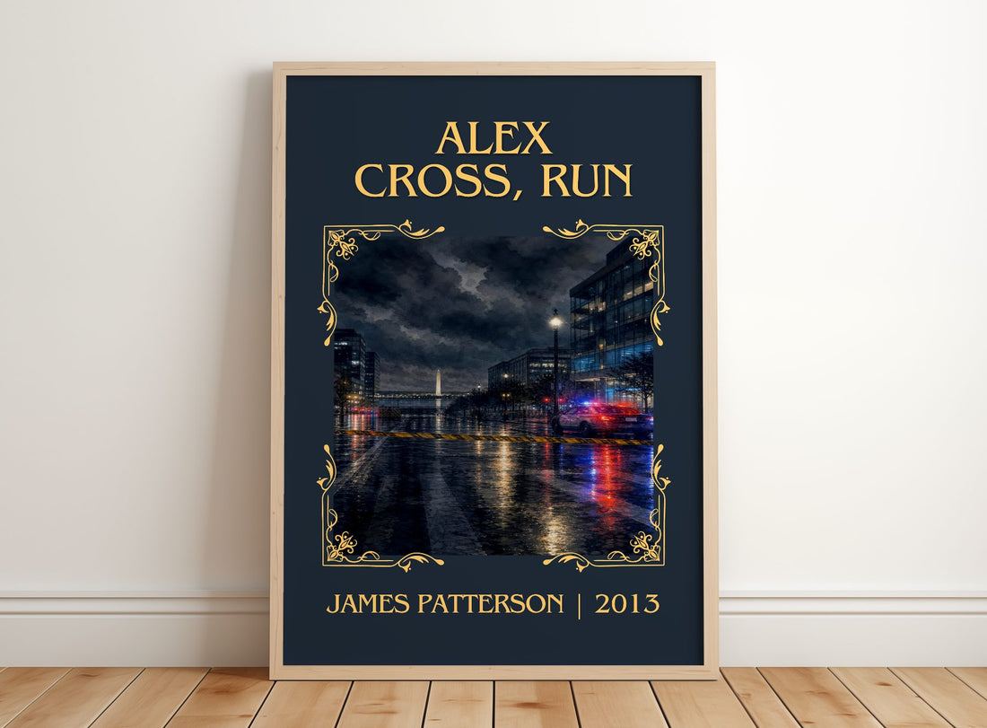 Alex Cross, Run Classic Book Art Print by James Patterson – framed print leaning on a wooden floor
