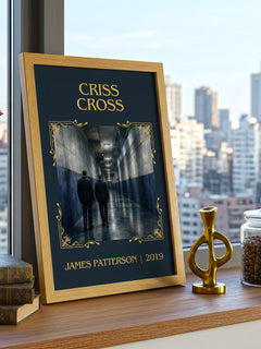 Criss Cross Classic Book Art Print by James Patterson – framed print on a city-view windowsill
