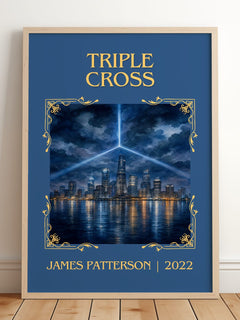 Triple Cross Classic Book Art Print by James Patterson – framed print leaning on a wooden floor