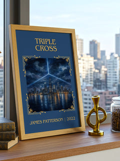Triple Cross Classic Book Art Print by James Patterson – framed print on a city-view windowsill