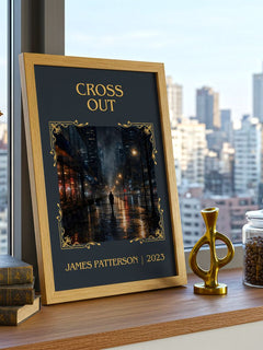 Cross Out Classic Book Art Print by James Patterson – framed print on a city-view windowsill