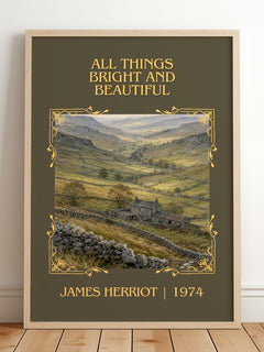 All Things Bright And Beautiful Classic Book Art Print by J. Herriot – framed print leaning on a wooden floor