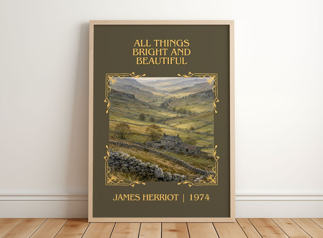 All Things Bright And Beautiful Classic Book Art Print by J. Herriot – framed print leaning on a wooden floor
