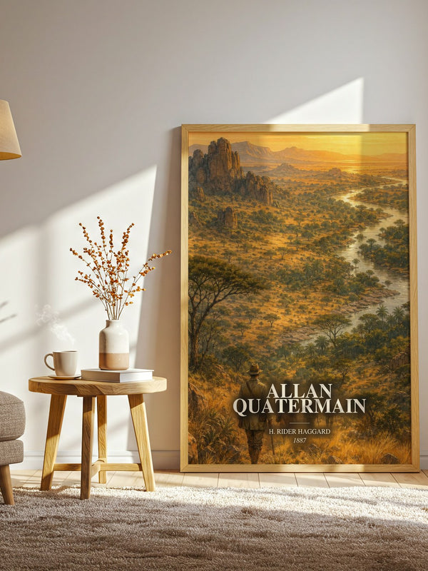 Allan Quatermain watercolour print in frame leaning in hallway – adventure wall art