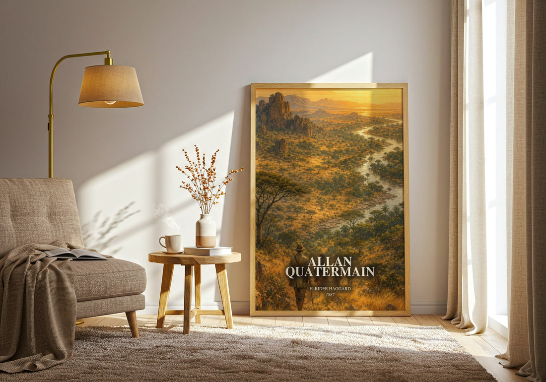 Allan Quatermain watercolour print in frame leaning in hallway – adventure wall art (mockup)
