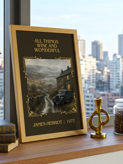 All Things Wise And Wonderful Classic Book Art Print by James Herriot – framed print on a city-view windowsill