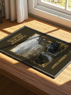 All Things Wise And Wonderful Classic Book Art Print by James Herriot – print on a sunlit desk