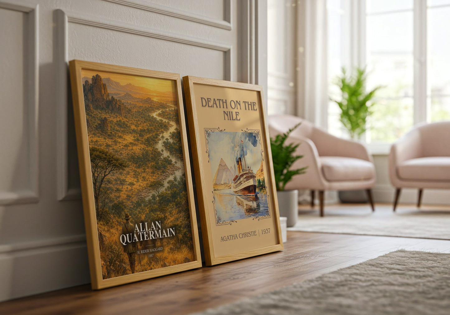 Allan Quatermain watercolour print framed by window – literary home decor