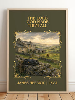 The Lord God Made Them All Classic Book Art Print by James Herriot – framed print leaning on a wooden floor