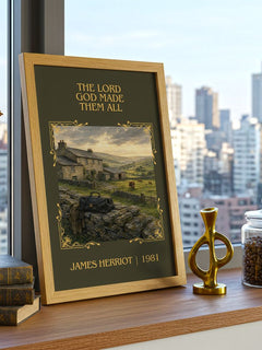 The Lord God Made Them All Classic Book Art Print by James Herriot – framed print on a city-view windowsill