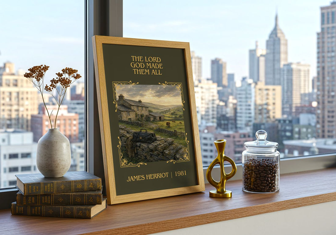 The Lord God Made Them All Classic Book Art Print by James Herriot – framed print on a city-view windowsill