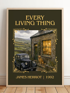 Every Living Thing Classic Book Art Print by James Herriot – framed print leaning on a wooden floor
