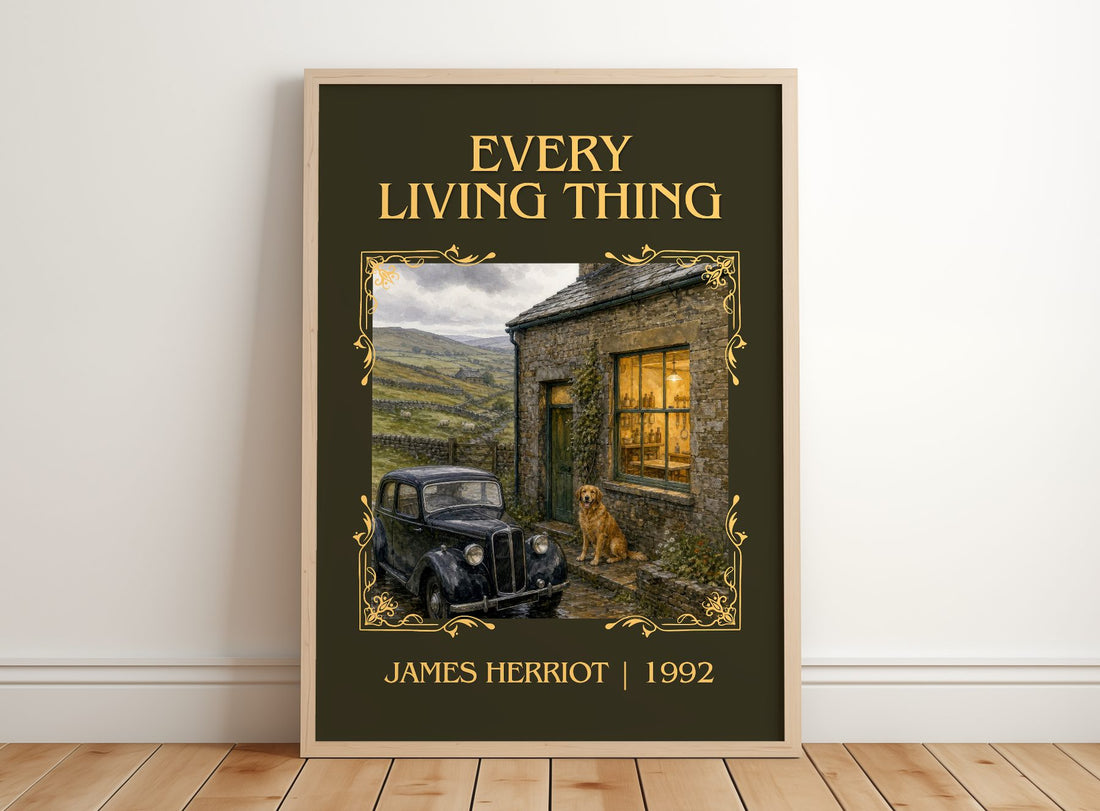 Every Living Thing Classic Book Art Print by James Herriot – framed print leaning on a wooden floor