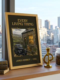 Every Living Thing Classic Book Art Print by James Herriot – framed print on a city-view windowsill