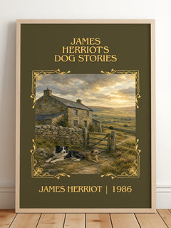 James Herriot's Dog Stories Classic Book Art Print by James Herriot – framed print leaning on a wooden floor