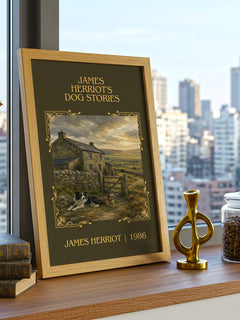 James Herriot's Dog Stories Classic Book Art Print by James Herriot – framed print on a city-view windowsill