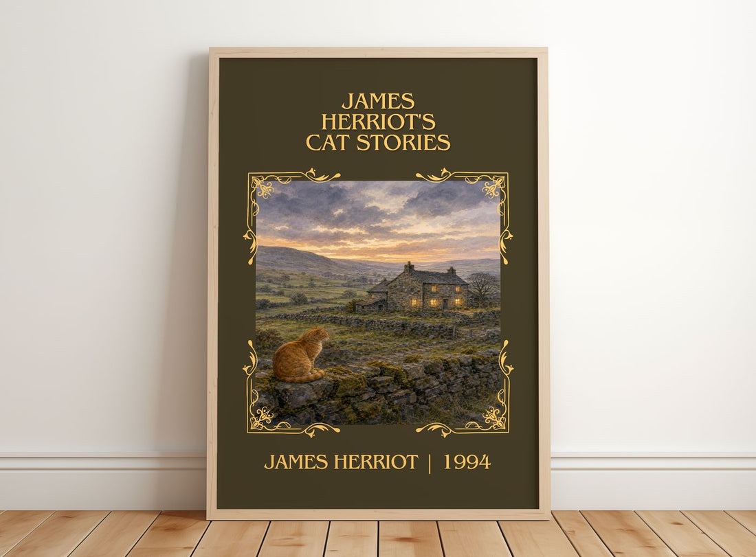 James Herriot's Cat Stories Classic Book Art Print by James Herriot – framed print leaning on a wooden floor